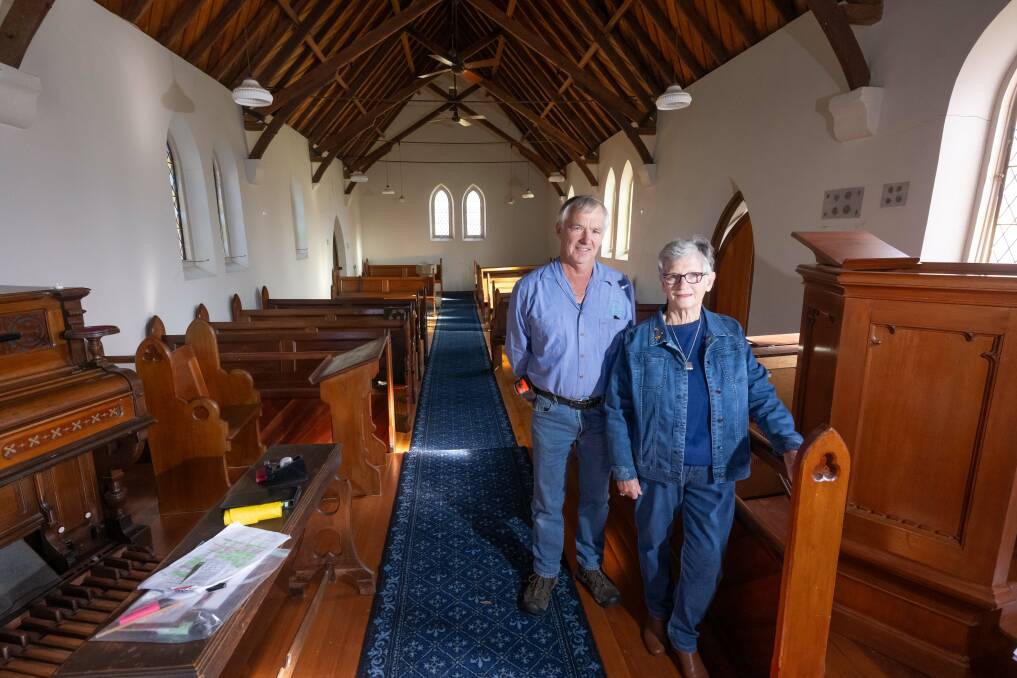 David Bernard and Heather Jenkins inside the Wallabadah Anglican Church. Picture by Peter Hardin