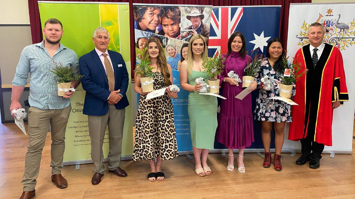 Gunnedah Shire welcomed five new citizens on Wednesday - Benjamin Cotton, Nikita Van Brakel, Katherine Carter Edwards, Elaine Dos Santos Matos and April Boyle. They are pictured with Gunnedah Shire Deputy Mayor Rob Hooke and Gunnedah Shire Mayor Jamie Chaffey. Picture supplied.