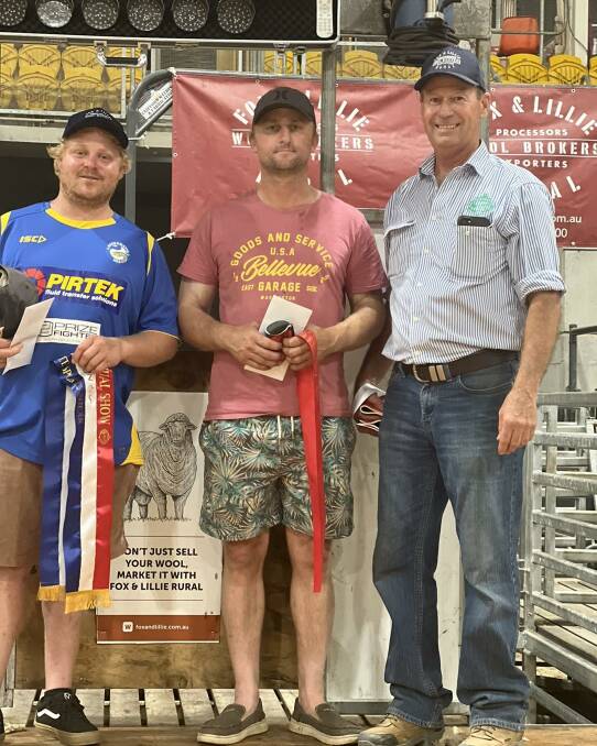 The Intermediate winners of the Fox & Lillie Speed Shearing event, 1st Dean Kelly and 2nd Andrew Kelly, with long-time Sheep Steward, Dave Hallam.