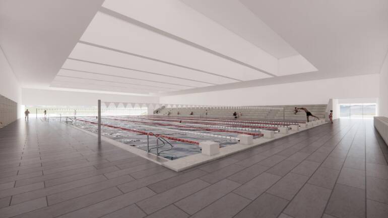 Concept render of main aquatics hall with 50m pool.