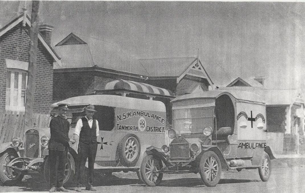 This 1925 photo shows the new Austin ambulance, updating the Model T Ford parked behind at 65 Church Street, Superintendent Bowdler and driver Webster in attendance. Picture supplied.