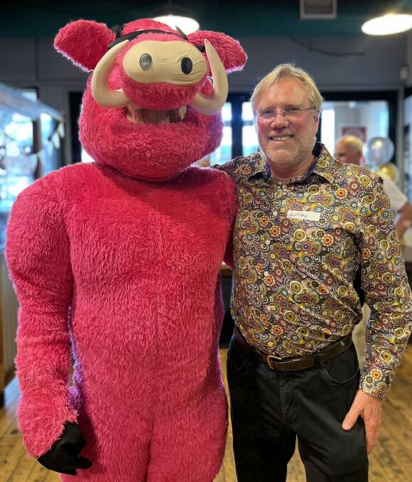 Cafe mascot 'The Hogster' with owner Linley Schultz celebrating the first anniversary of the cafe's new ownership in November 2023. Picture supplied by Hogs Breath, from file.