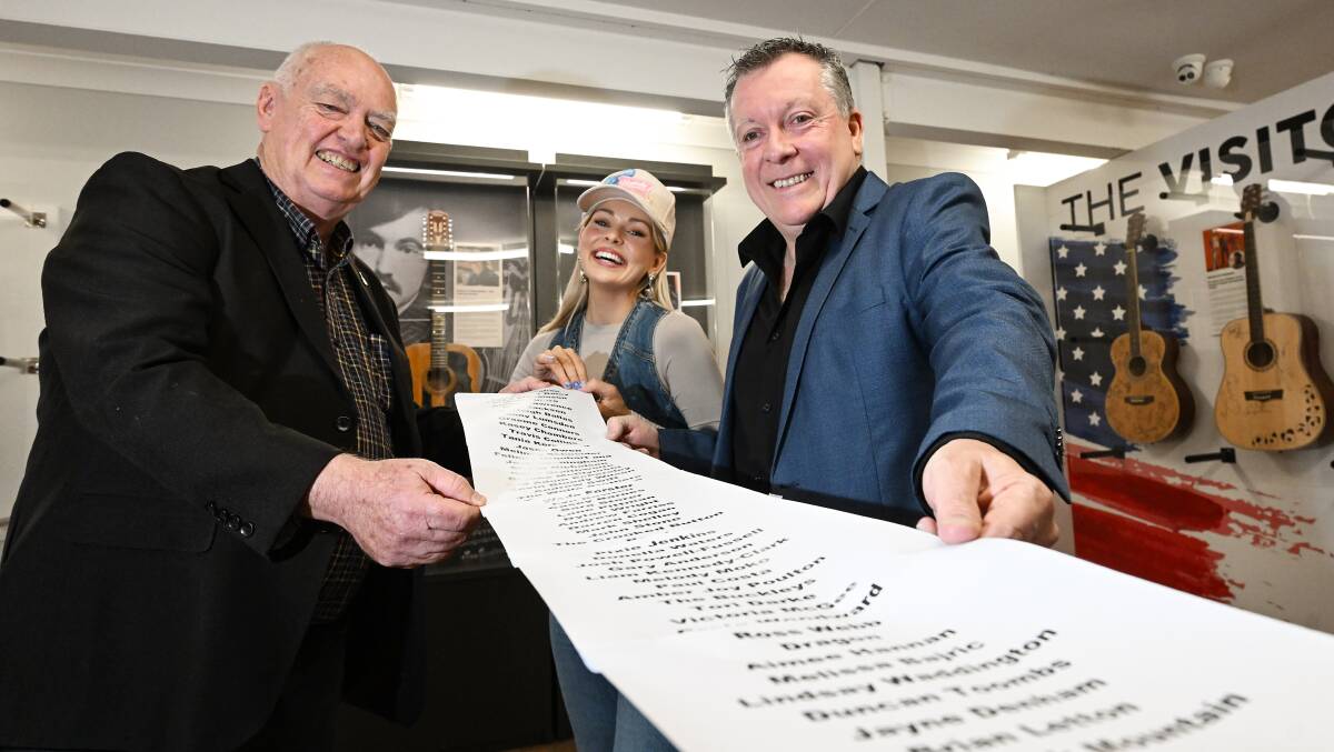 Barry Harley, Max Jackson and Peter Ross looking over the already-long list of artists who will be performing at the 2025 festival. Picture by Gareth Gardner