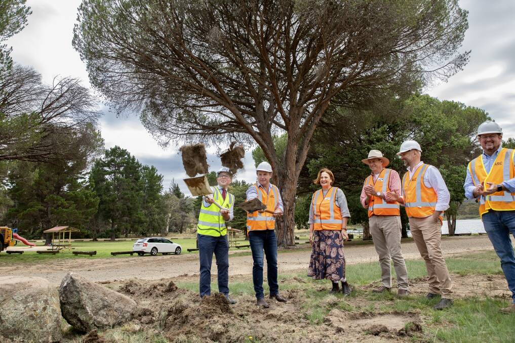 Turning the first ceremonial sods of soil today to formally commence work on the $3.9 million redevelopment of the Dumaresq Dam Recreation Area today, Northern Tablelands MP Adam Marshall, left, Armidale Regional Council Mayor Sam Coupland, Councillors Margaret OConnor, Paul Packham, Deputy Mayor Todd Redwood and Paul Gaddes. Picture supplied