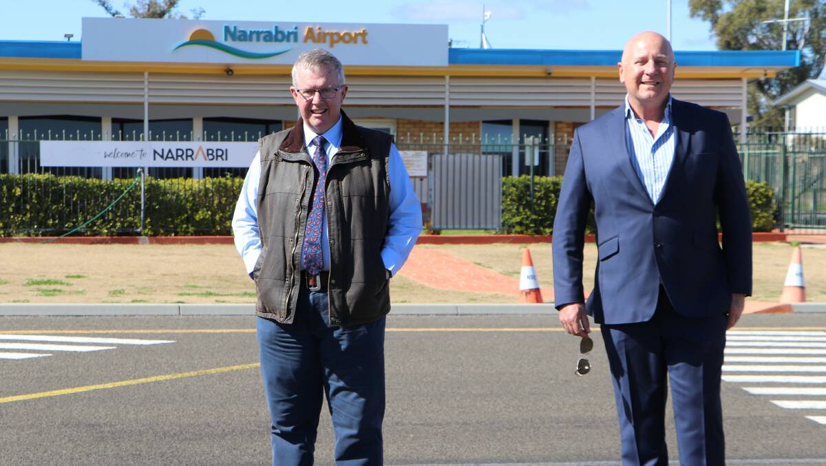 Federal Member for Parkes Mark Coulton and Narrabri Mayor Ron Campbell at Narrabri Airport. Picture supplied.