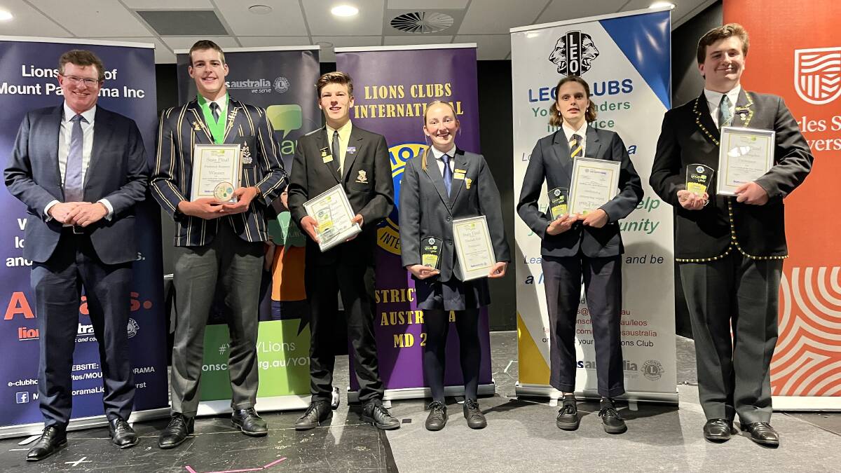 Federal MP for Calare and a past State YOTY winner Andrew Gee pictured with finalists Fred Kearney (overall winner), Alexander McGavin (public speaking winner), Elizabeth Hall, Jaslyn Mackenzie and Hugh Brogden