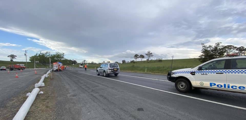 Police and emergency services at the crash site on the New England Highway at Black Mountain on November 12. Picture supplied by NSW SES