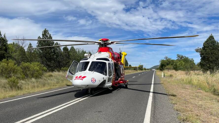 The Westpac Rescue Helicopter at the scene on the Oxley Highway on Sunday morning. Picture supplied by WRHS