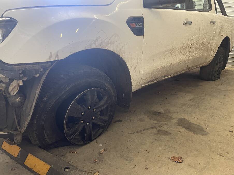 The car after it went through road spikes during Wednesday morning's chase. Picture by NSW Police