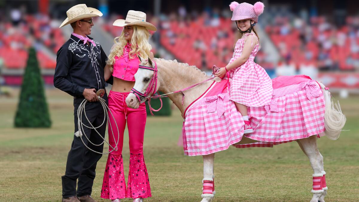 Hunter Valley horse trainer Matt Birch (Ken), Armidale show rider Bronte Dagg (Barbie) and Clover Alt on Stormy a crowd favourite in the Sydney Royal Easter Show Fancy Dress class. Photo Rodney's Photography.