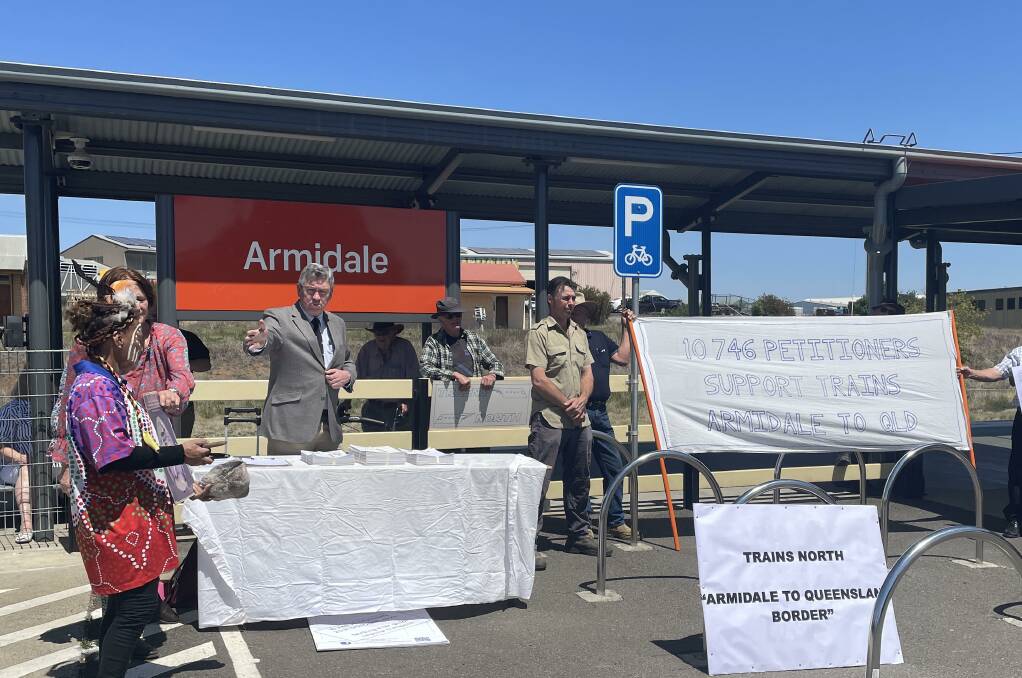 Trains North president Matthew Tierney addresses the rally for the re-opening of the railway line between Armidale and Tenterfield. 