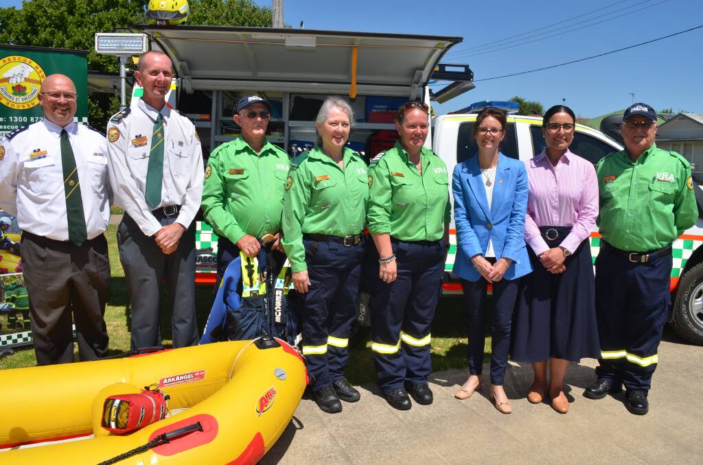 Wagga VRA Deputy Coordinator Paul Marshall with VRA Rescue NSW Acting Commissioner Andrew Luke, VRA members John Rooke, Helen Bodel, Jodie Carter, Minister for Emergency Services Steph Cooke, Nationals candidate Adriana Benjamin and VRA member Ray Willett. Picture by Taylor Dodge 