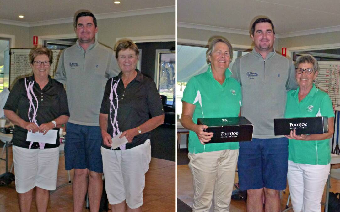 ALL SMILES: Winners Jenny Fisher and Jan Moore and runners up Caroline Anderson and Coral Lorimer. Both pictured with club professional Luke Ryan. Photo: Supplied
