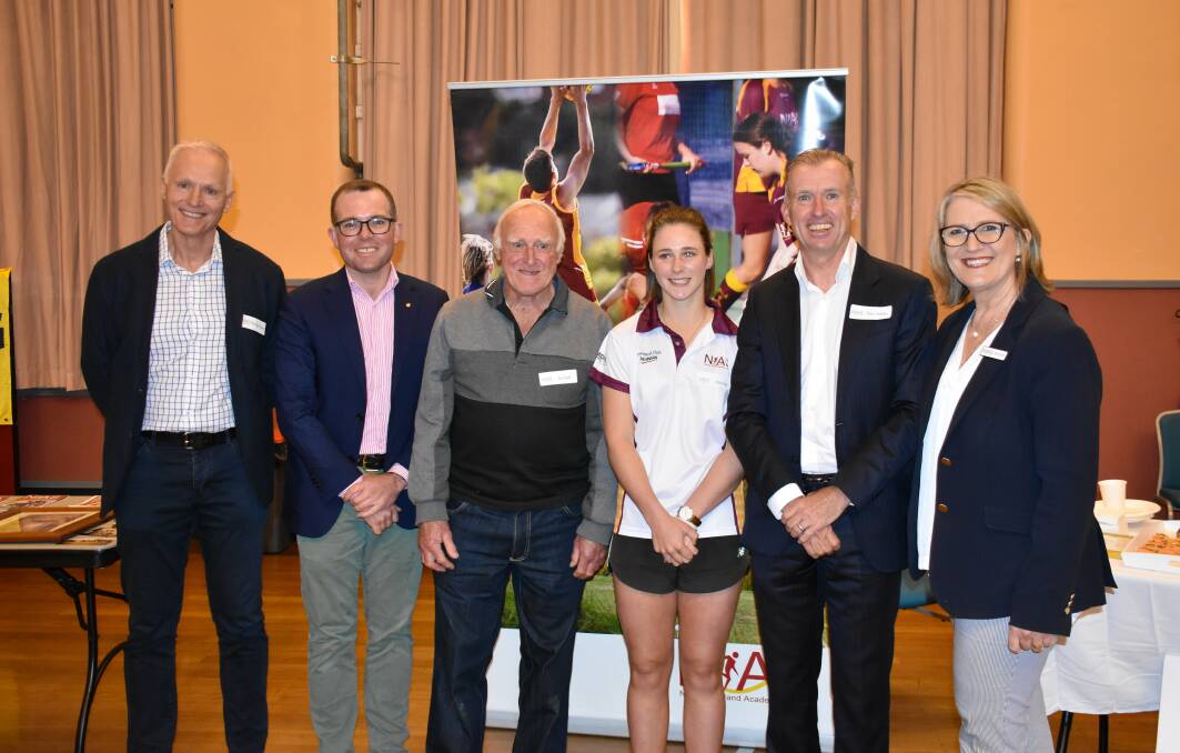 Former NIAS chief executive Peter Annis-Brown, former chair Adam Marshall, first chair Roy Powell, graduating athlete Emma Gray, Olympian and former Armidale local Shaun Creighton and current chief executive Shona Eichorn. Picture by Ellen Dunger