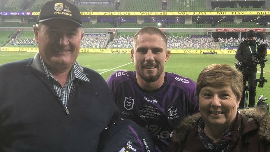 PROUD PARENTS: Lewis with Mick and Pauleen after his NRL debut, at AAMI Park in round four of the 2020 season. Photo: Supplied