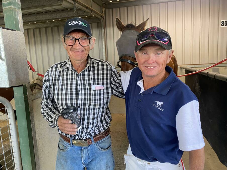 Armidale trainer Les Enks (left) has notched his 100th career win after Dean Chapple drove Neville Shannon to victory at Tamworth. Picture by Julie Maughan