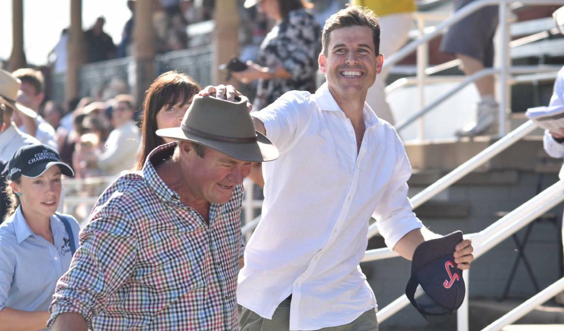 HOW GOOD: Trainer Rod Northam and part-owner Sam Clifton celebrate after Spirinac's win in last year's Country Championships Qualifier. Photo: Ben Jaffrey