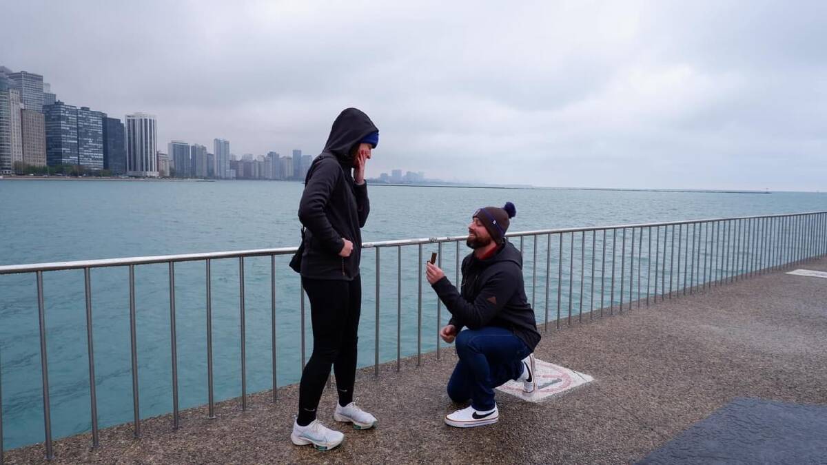 Daniel Lawrence proposes to Taleisha Bartlett in Chicago in May, 2023. Picture supplied
