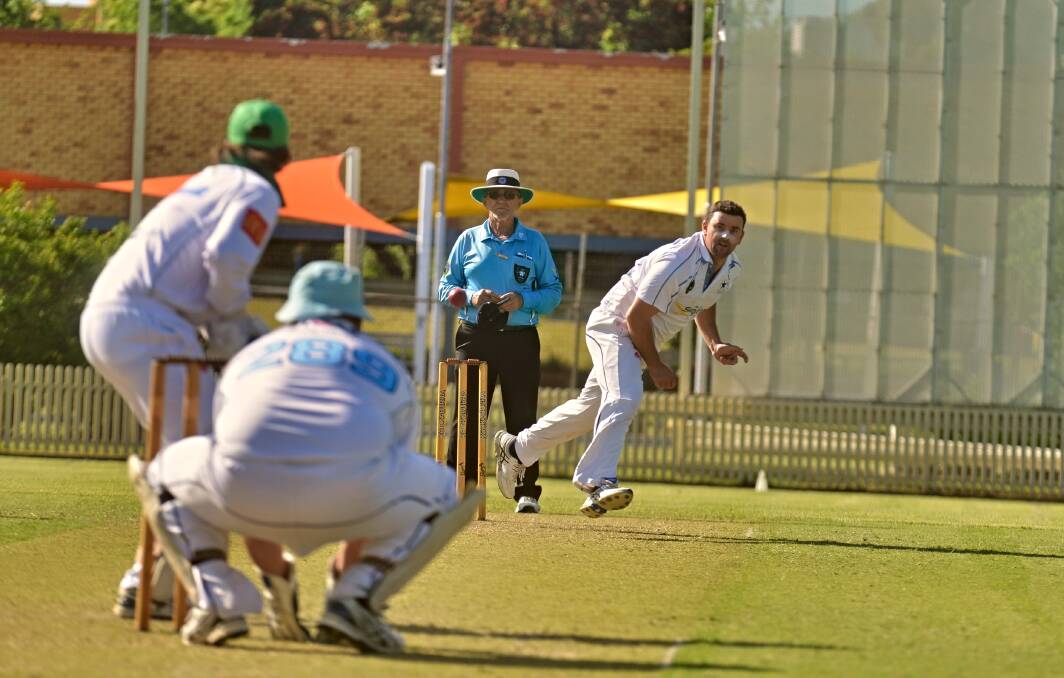 Aaron Hazlewood bowls for Old Boys against the Bulls at No 1 Oval last Saturday. Picture by Mark Bode