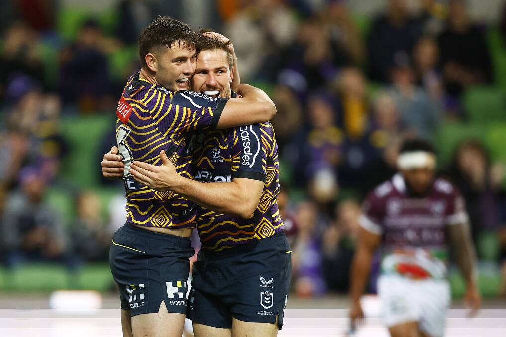 Lewis's try against Manly in round 12 is celebrated with Trent Loiero. Picture by Daniel Pockett/Getty Images