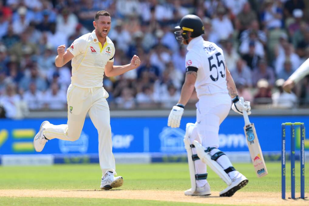 Josh Hazlewood celebrates the wicket of Ben Stokes on day one of the first Ashes Test at Edgbaston. Picture by Shaun Botterill/Getty Images