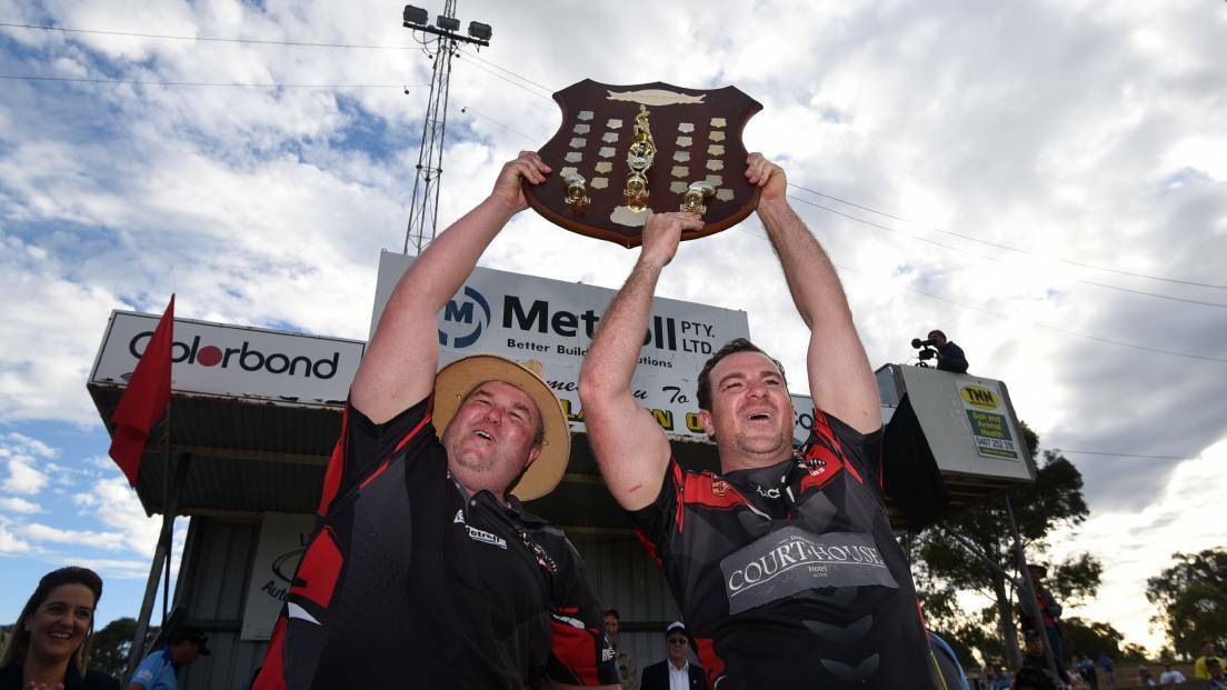 GOOD TIMES: Brad McManus and Scott Blanch after claiming the 2017 Group 4 First Division premiership. Photo: Gareth Gardner