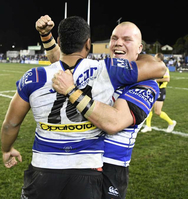 Andy celebrates his sole NRL game - a win for the Bulldogs over the Knights in 2017. Picture by NRL