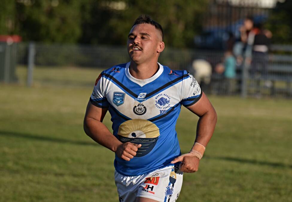 Tighe savours the moment after scoring his third try in Moree's preliminary final win over Kootingal-Moonbi at Boughton Oval on August 12. Picture by Mark Bode