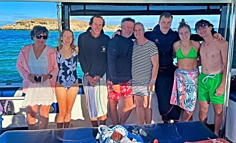 Ruth Chaffey (Phebe's grandmother), the McNamaras - Lillian, Jack, Jim, Sacha, Tom and Phebe - and Phebe's boyfriend, Liam Bower, savour the delights of WA. Picture supplied