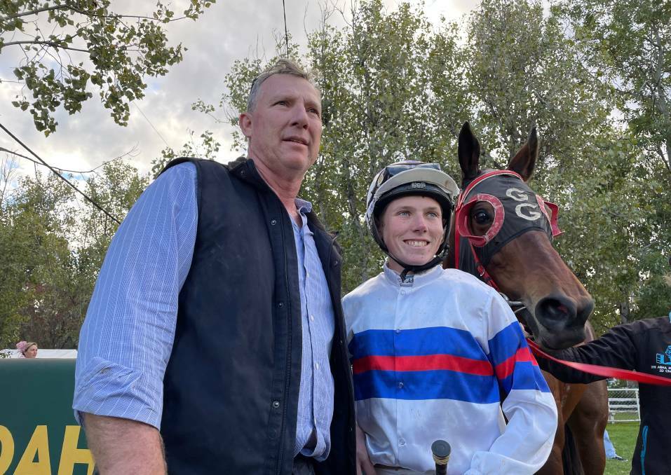 REWIND: Gavin Groth and apprentice Jackson Searle with Annie's Street after their Gunnedah Cup win in May. Photo: Mark Bode