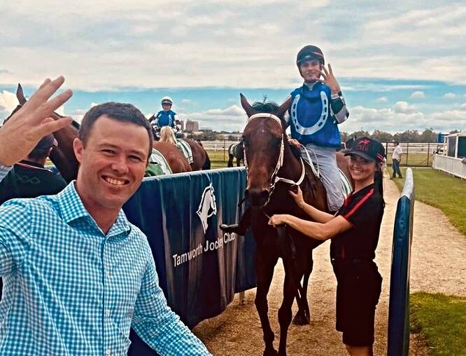 Cody Morgan celebrates his fourth win at Tamworth on Saturday, after Jasper Franklin rode Sabie Park to victory in race seven. Picture Cody Morgan Racing