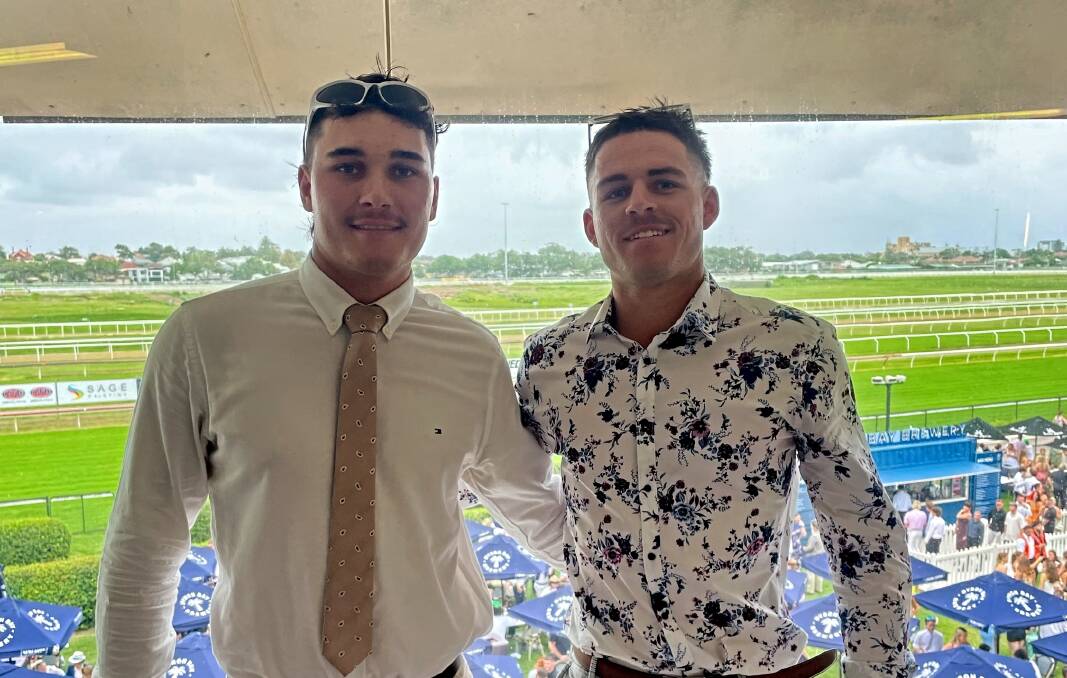 Ball, right, attends Newcastle Racecourse with his mate, new Pirates signing Blair Maloney, on Saturday, March 2. Picture supplied 