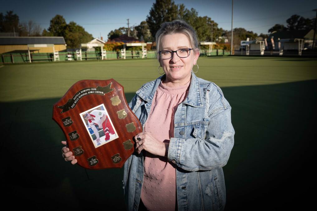 Sharon Duffey holds the Ryan Wells Memorial Bowls Carnival Shield at the Manilla Bowling Club on Wednesday, August 23. Picture by Peter Hardin