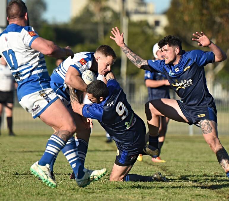 Syron tackles prop Jack Mitchell in a 38-24 loss to the Boars at Boughton Oval in Moree on June 22, 2024. File picture by Mark Bode 