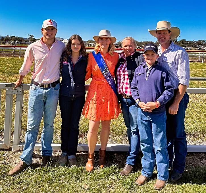 Georgia Moore, centre, and her family. (L-R) Tom, Pip, Erin, Cameron and Warwick at the 2023 Quirindi Show. Georgia was named Quirindi's woman of the year. Picture supplied 