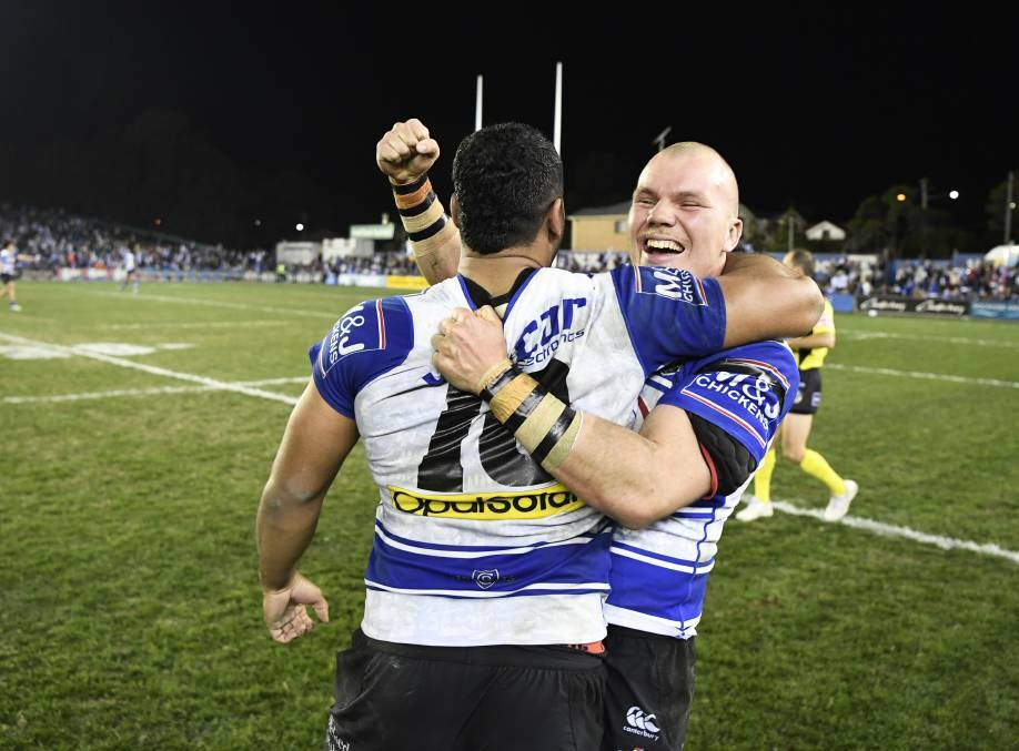Saunders celebrates a win in his NRL debut. 