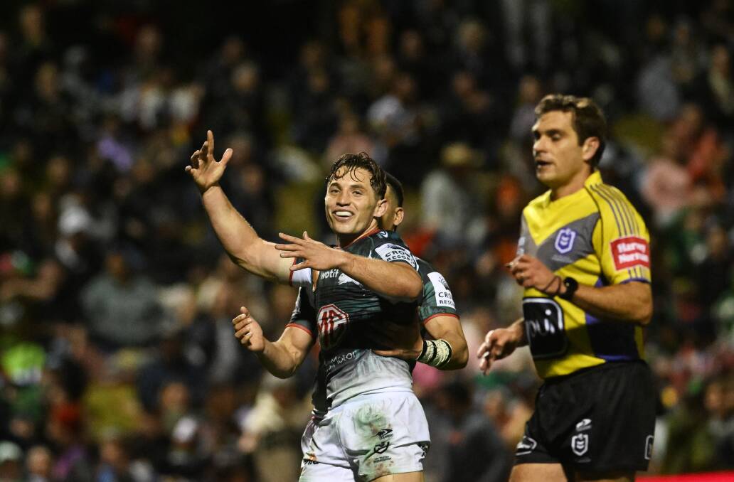 Rabbitohs captain Cameron Murray celebrates his match-sealing try against Wests Tigers at Scully Park, Tamworth, on July 28. Picture by Gareth Gardner 