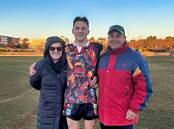 Charlie Henderson is joined by his parents, Lynette and Peter, after his Gungahlin Bulls beat the West Belconnen Warriors 22-12 at Gungahlin Enclosed Oval on July 6, 2024. He was man of the match. Picture supplied