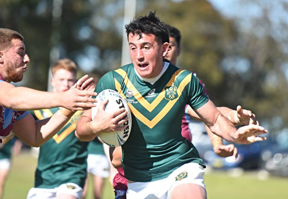 Logan Spinks takes a hit-up in a heartbreaking 20-19 University Shield loss to Hills Sports High at John Simpson Oval on August 2, 2023. File Picture by Mark Bode