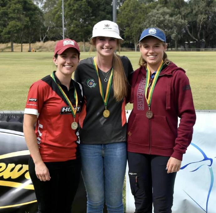 Ella-rose Carson (centre) has been crowned Archery Australia's open women's recurve champion. Picture supplied. 