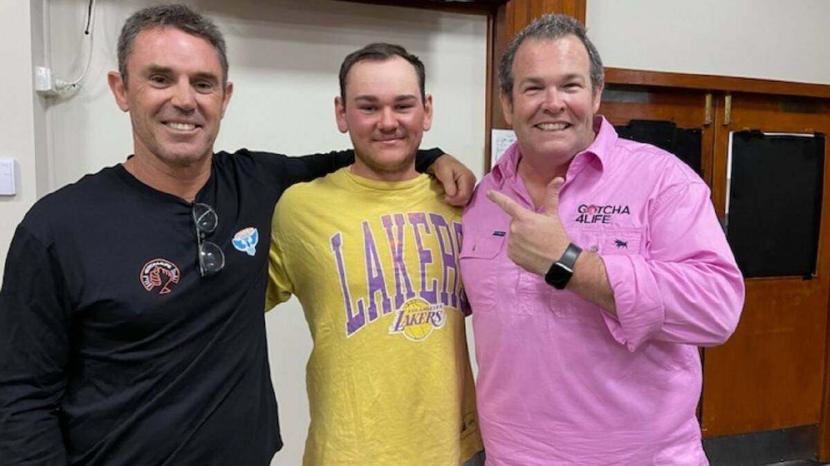 NSW Blues coach Brad Fittler, rugby league player Jack Grob and Gotcha 4 Life founder Gus Worland during the February 2023 tour. 