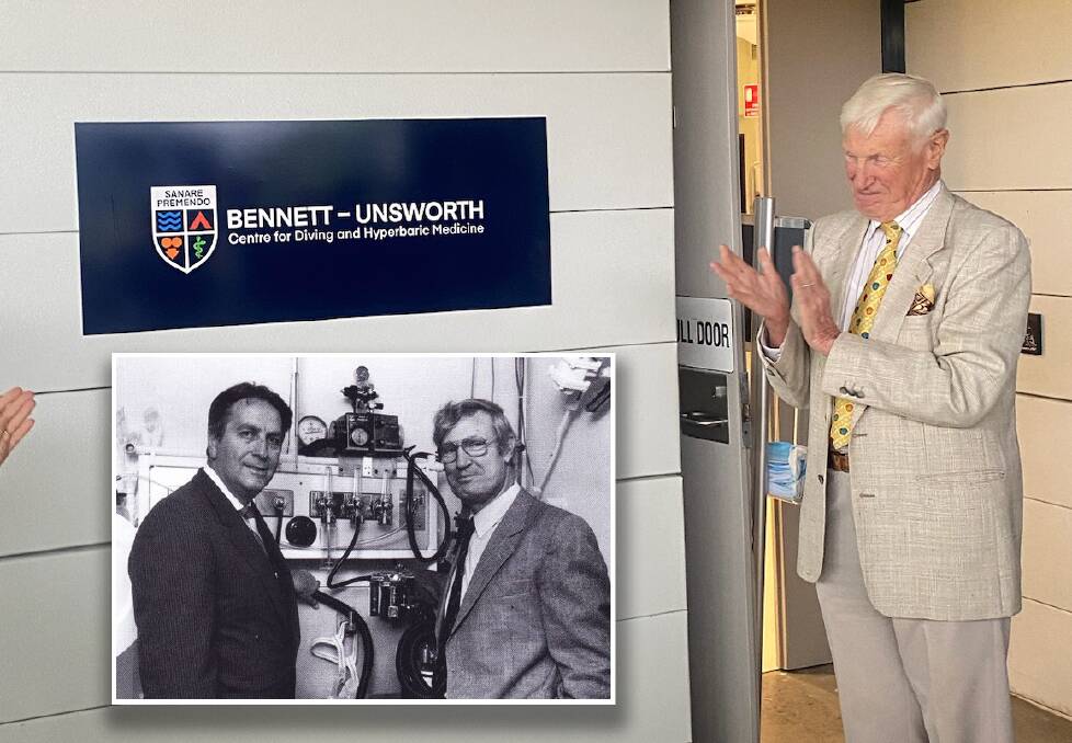 Dr Ian Unsworth at the renaming of the Prince of Wales Hospital's hyperbaric medicine unit and (inset) showing Health Minister Ron Mulock the high-pressure chamber in 1985.