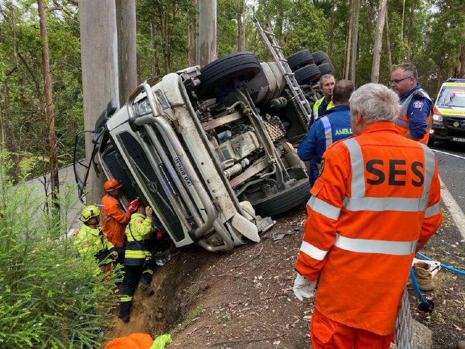 The truck rolled and hit a tree. Picture by FRNSW