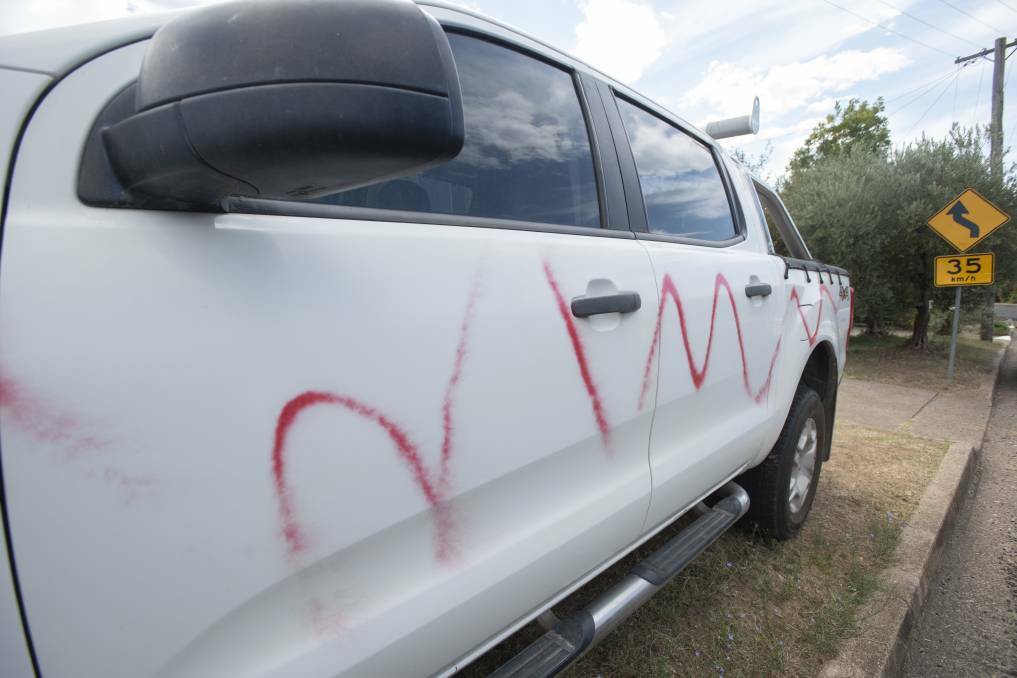 Police caught two men red-handed after scores of cars in South Tamworth were vandalised with spray paint. Picture by Peter Hardin
