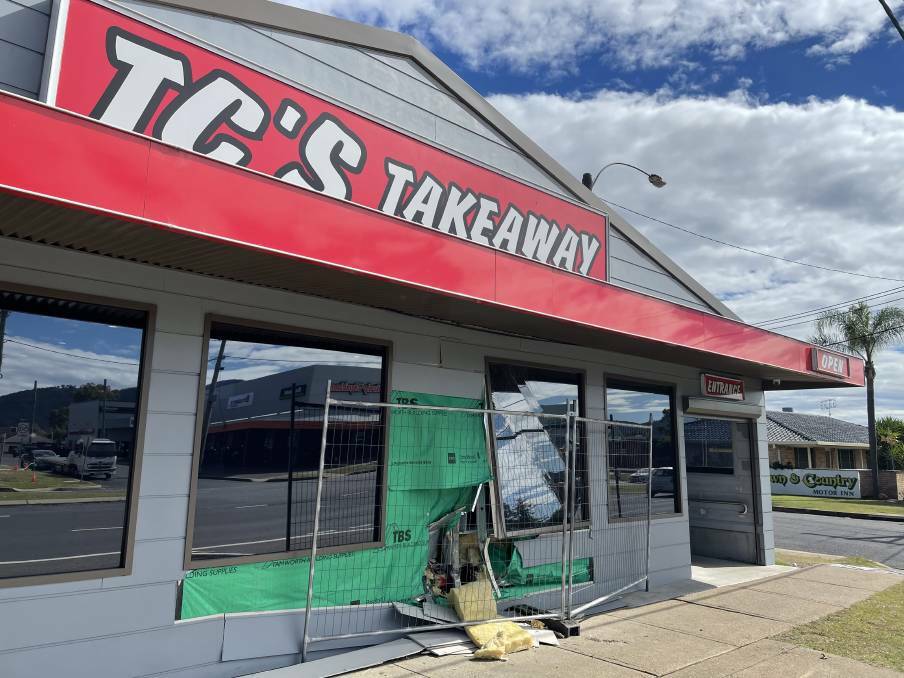 DAMAGE BILL: The aftermath of the crash at TC's Takeaway in South Tamworth. Photo: Peter Hardin