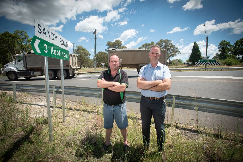 Resident David Wynn and Tamworth councillor Mark Rodda are concerned about the safety of the highway intersection at Kootingal. Picture by Peter Hardin