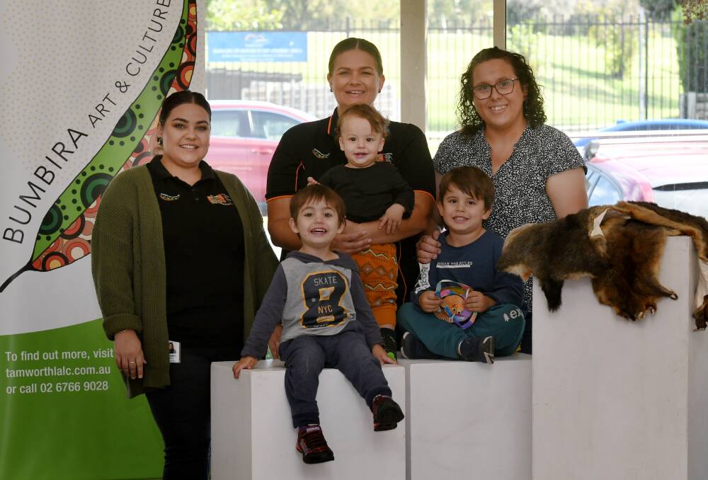 Mums with bubs: Cassie Withers, Krystle Lamb and Katie Thompson (back) with Henry Thompson 2, Charlie Thompson 1 and Ellis Thompson 4. Photo: Gareth Gardner