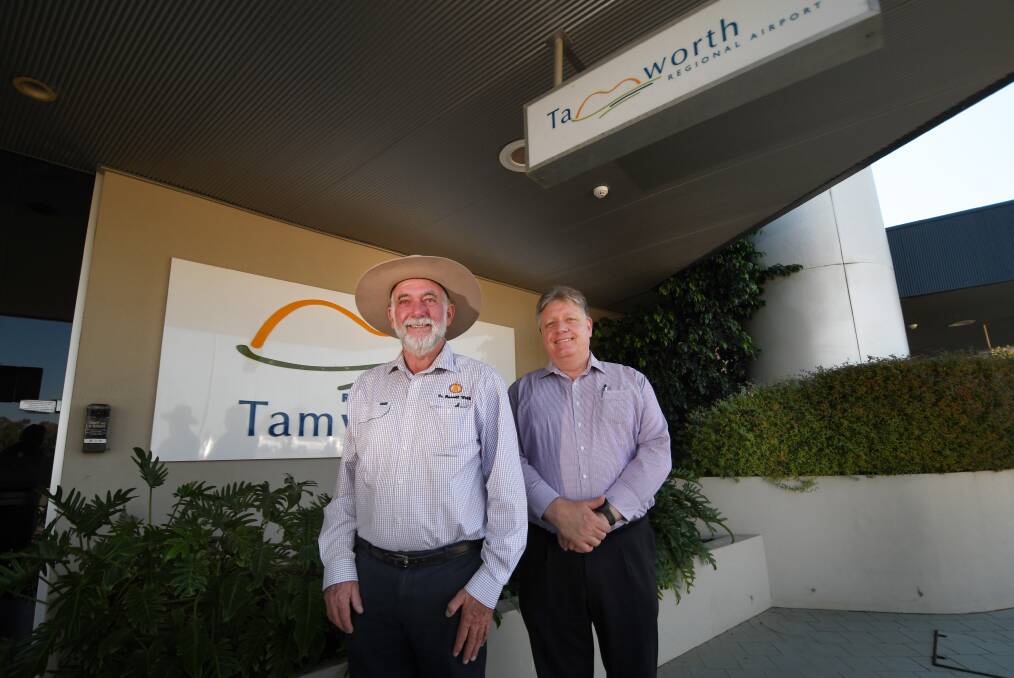 UP AND AWAY: Tamworth mayor Russell Webb and Tamworth council's aviation, events and projects commercial director John Sommerlad are excited about the new airline. Photo: Gareth Gardner