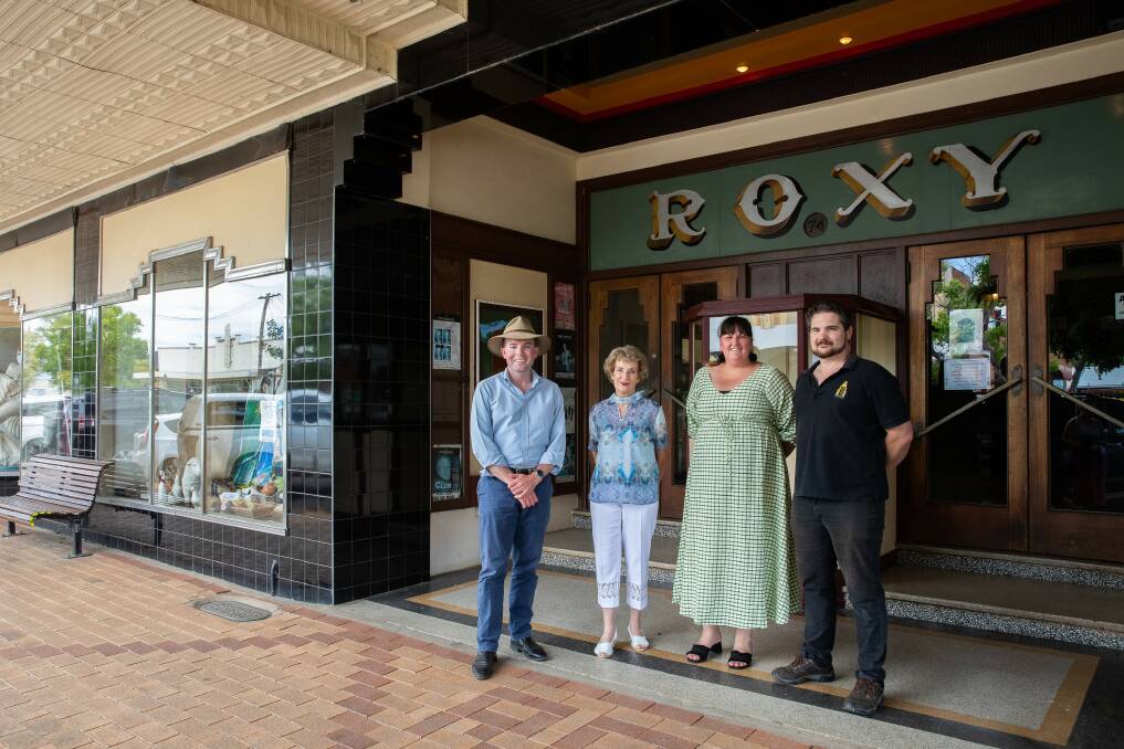GRAND OLD DAME: Northern Tablelands MP Adam Marshall, North West Theatre Company vice-president Lee Loudon, Bingara Central School principal Brooke Wall and Roxy Cinema general manager Nick Hutton are delighted to see the preservation of Bingara's Roxy Theatre take centre stage in 2022. Photo: Supplied.