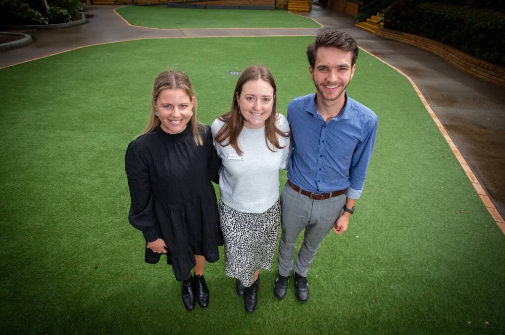 Australian Catholic University students Ellie Hicks, Georgie Dowsett and Rohan Heffernan are currently doing their placement at St Edwards Primary. Picture by Peter Hardin